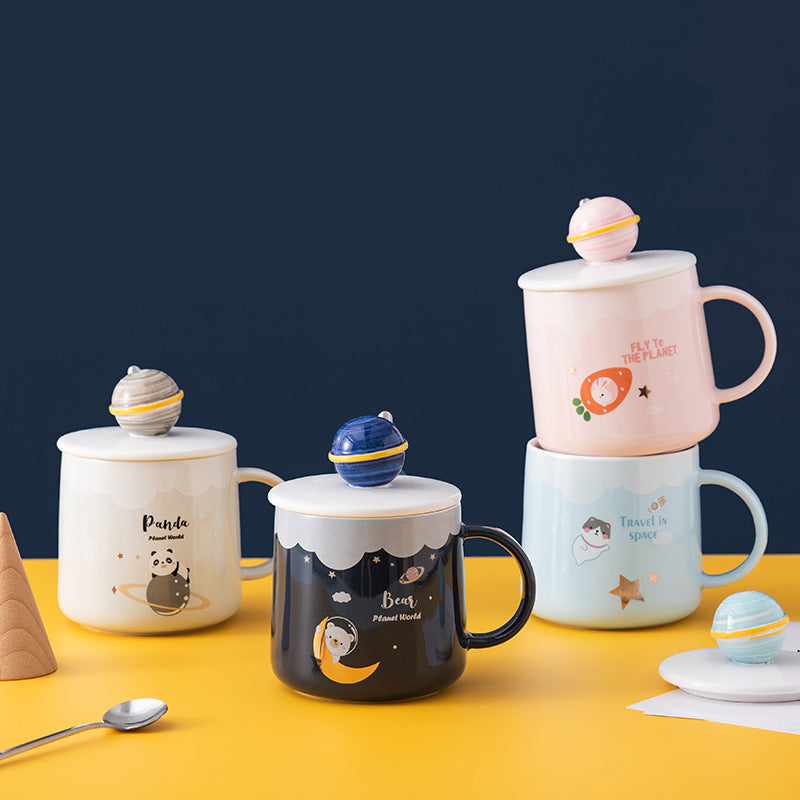 Creative Cute Ceramic Cup With Lid Cartoon Planet Water Cup Milk Coffee Cup Advertising Gift Souvenir Mug