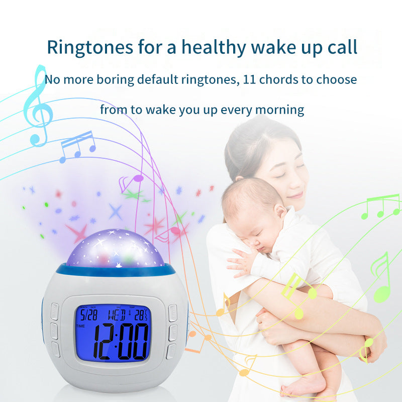 Starry Sky Projection Alarm Clock – Colourful LED Night Light with Music