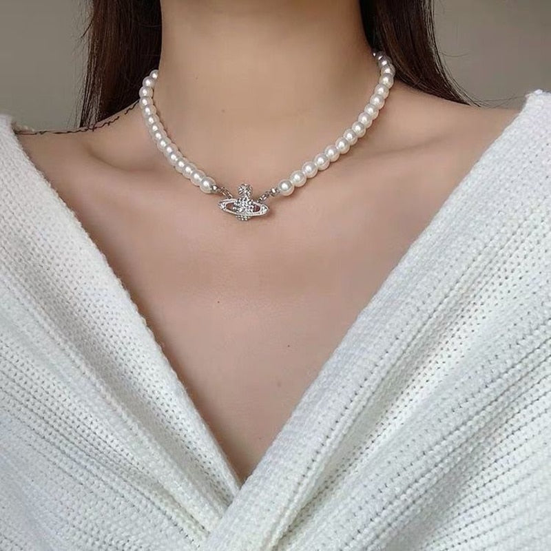 Blijery Elegant Imitation Pearl Planet Choker Necklace for Women Collier Wedding Party Collar Fashion Jewelry Gift