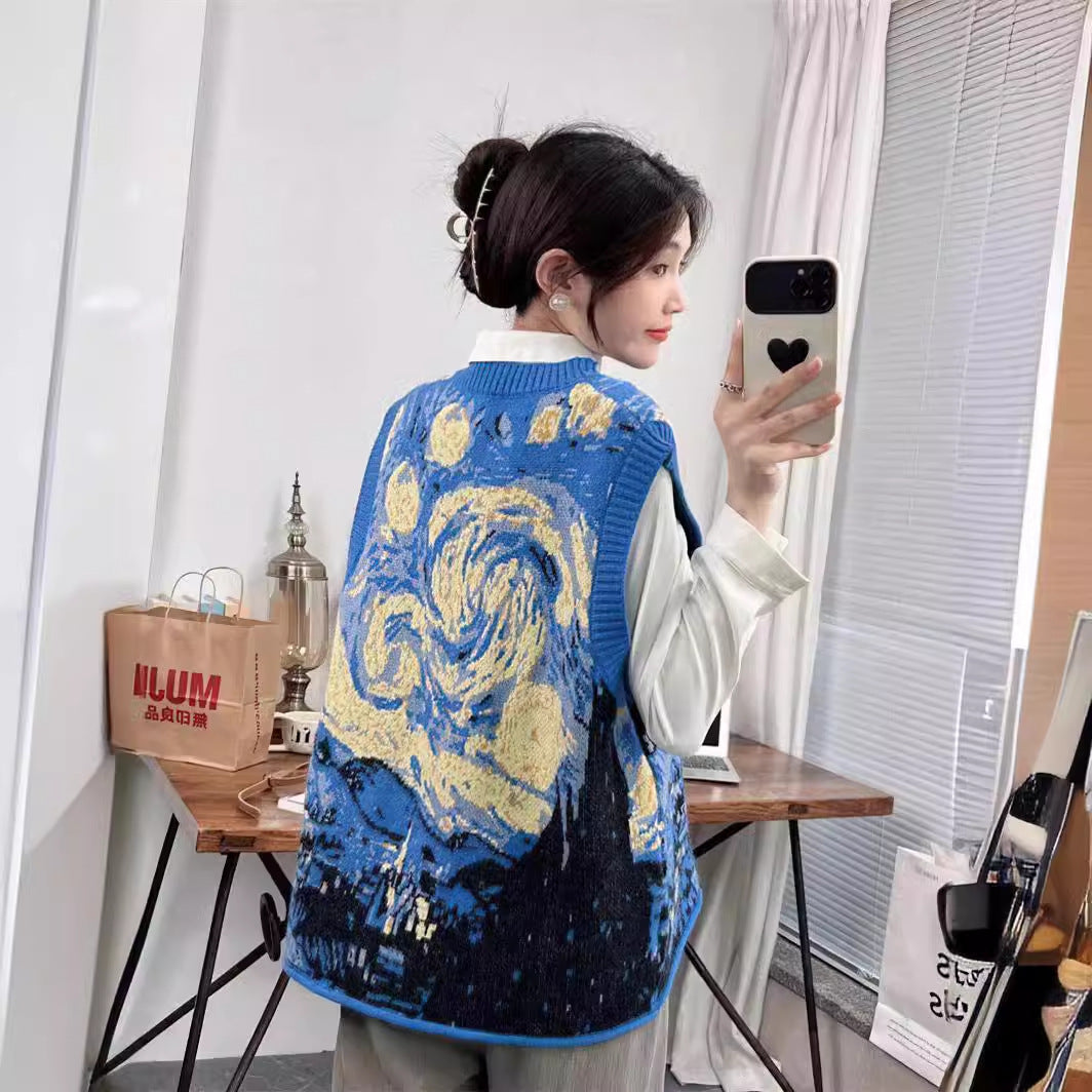 Van Gogh oil painting knitted vest women's autumn and winter new style loose abstract painting style sleeveless sweater vest for outerwear