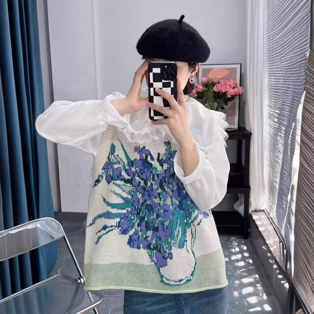 Van Gogh oil painting knitted vest women's autumn and winter new style loose abstract painting style sleeveless sweater vest for outerwear