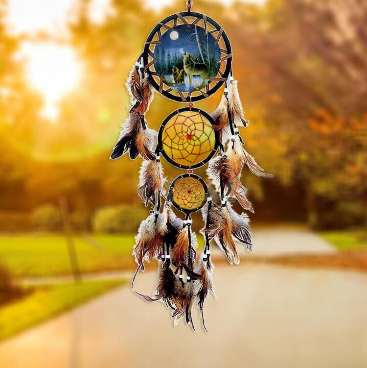 indian-style-dream-catcher-wolf-head-oil-painting-dream-catcher-home-wall-decoration-wall-hanging-natural-feather-pendant