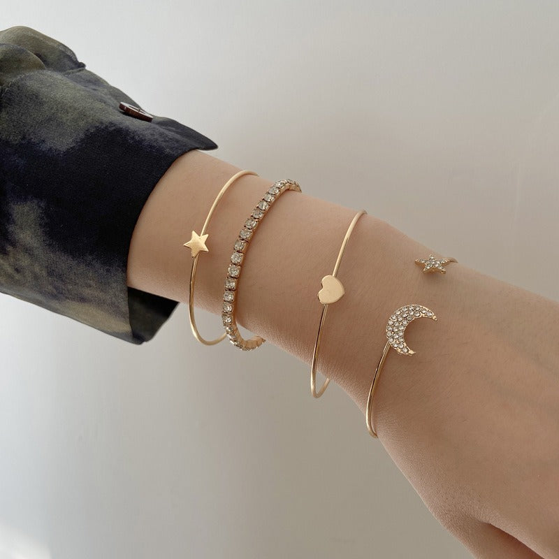 Star & Moon Bracelet Set — Diamond-Effect Alloy