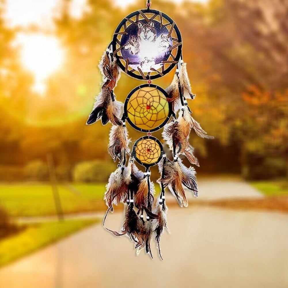indian-style-dream-catcher-wolf-head-oil-painting-dream-catcher-home-wall-decoration-wall-hanging-natural-feather-pendant