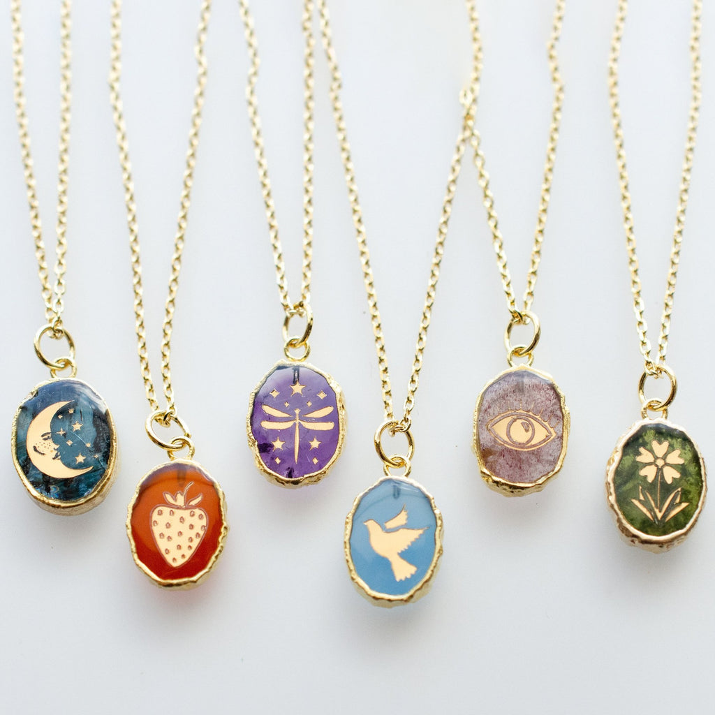 Natural Stone Celestial Pendant Necklace – Moon, Star & Planet Charm
