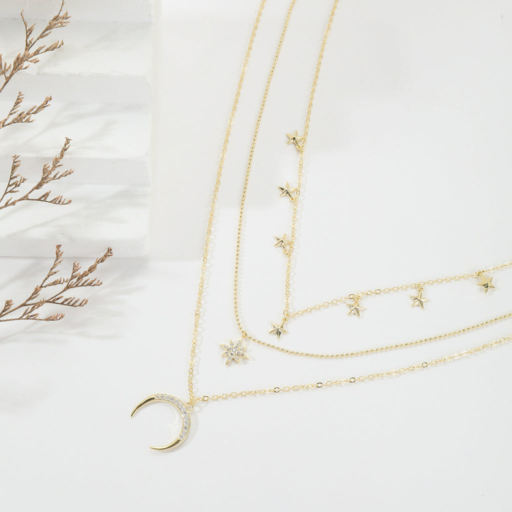 Starry Sky Layered Chain Necklace — Star & Moon