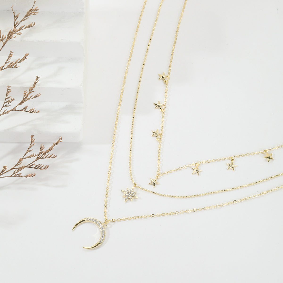 Starry Sky Layered Chain Necklace — Star & Moon