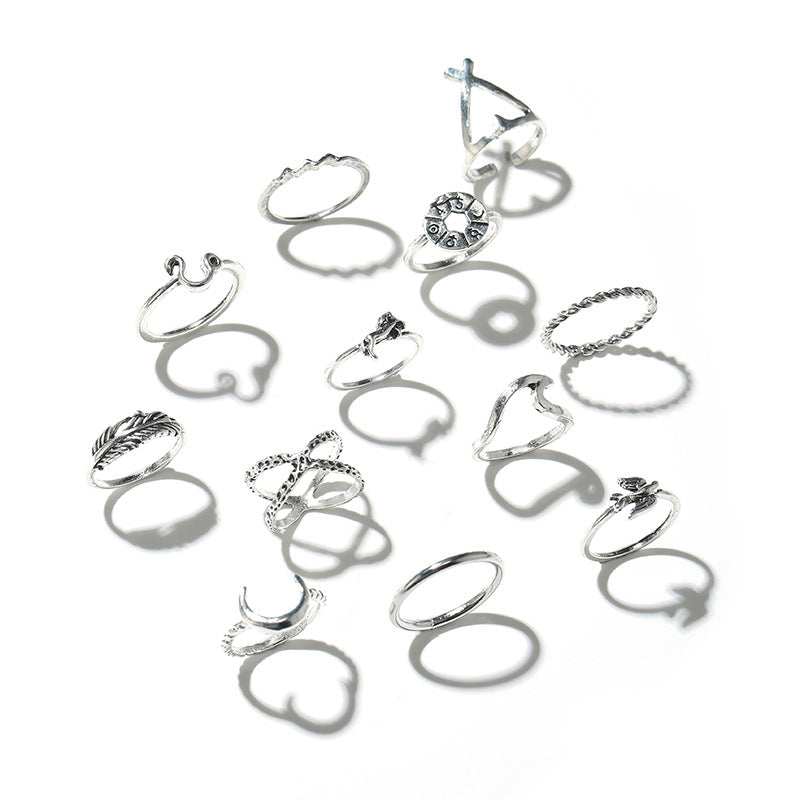 Vintage Moon Feather Ring Set Geometric Irregular Twelve Piece Rings