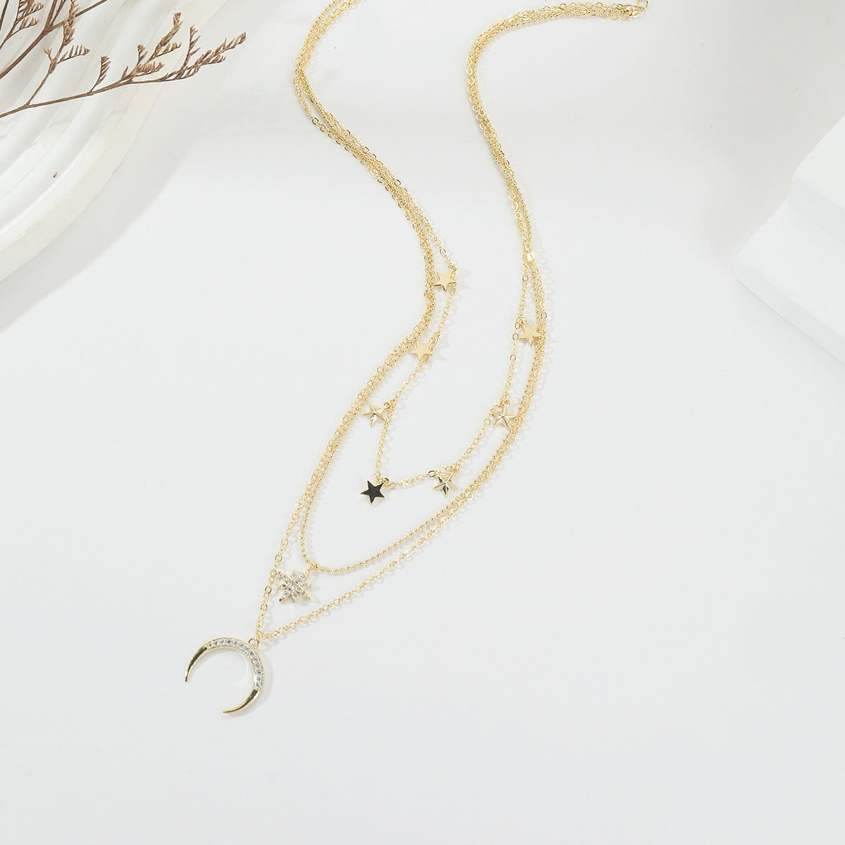 Starry Sky Layered Chain Necklace — Star & Moon