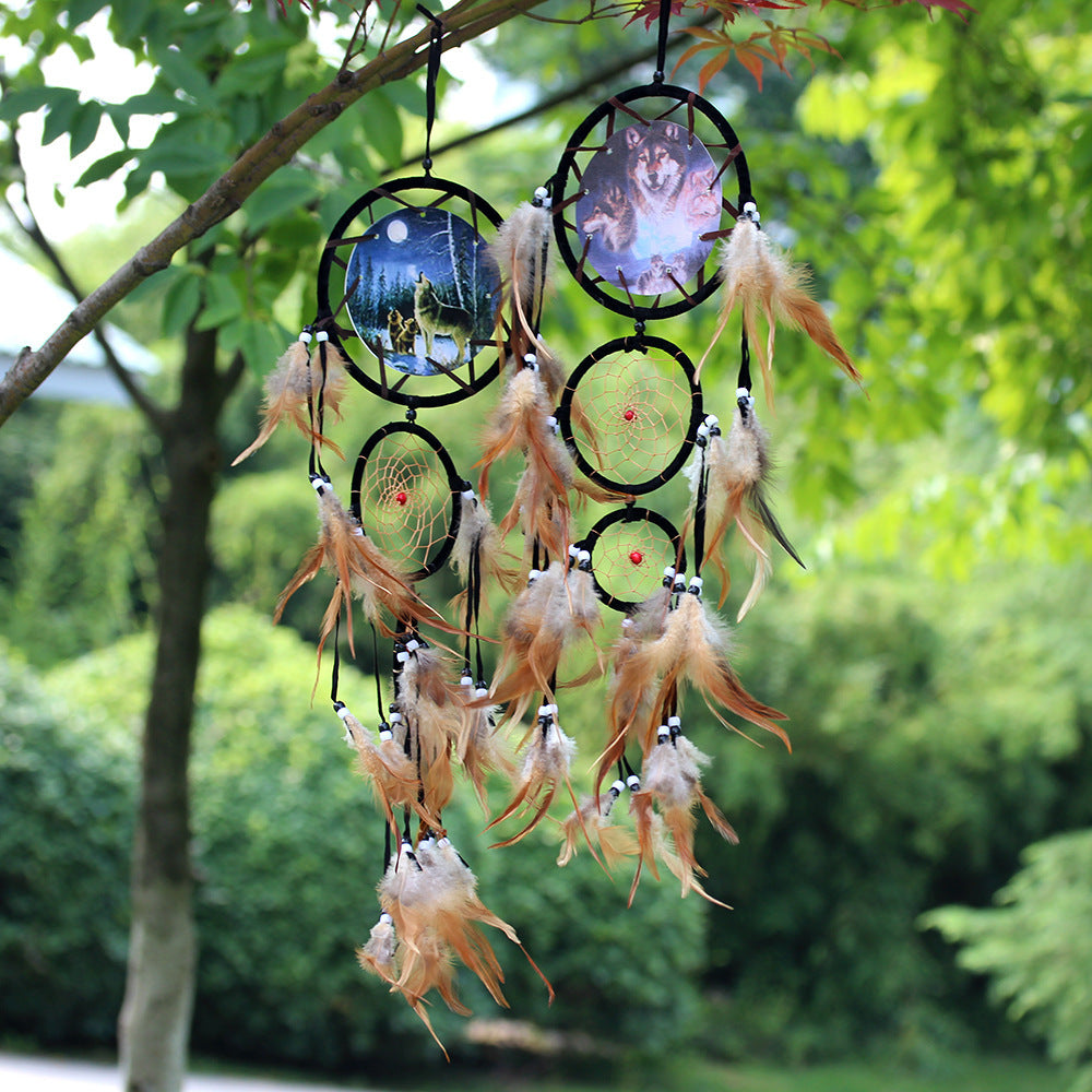indian-style-dream-catcher-wolf-head-oil-painting-dream-catcher-home-wall-decoration-wall-hanging-natural-feather-pendant