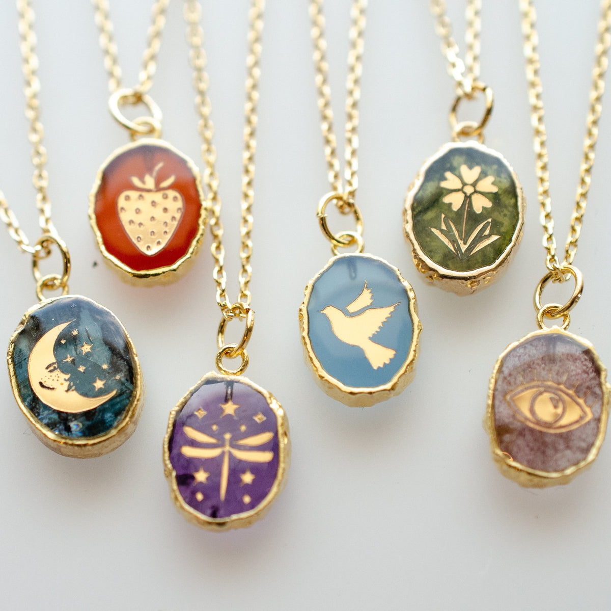 Natural Stone Celestial Pendant Necklace – Moon, Star & Planet Charm