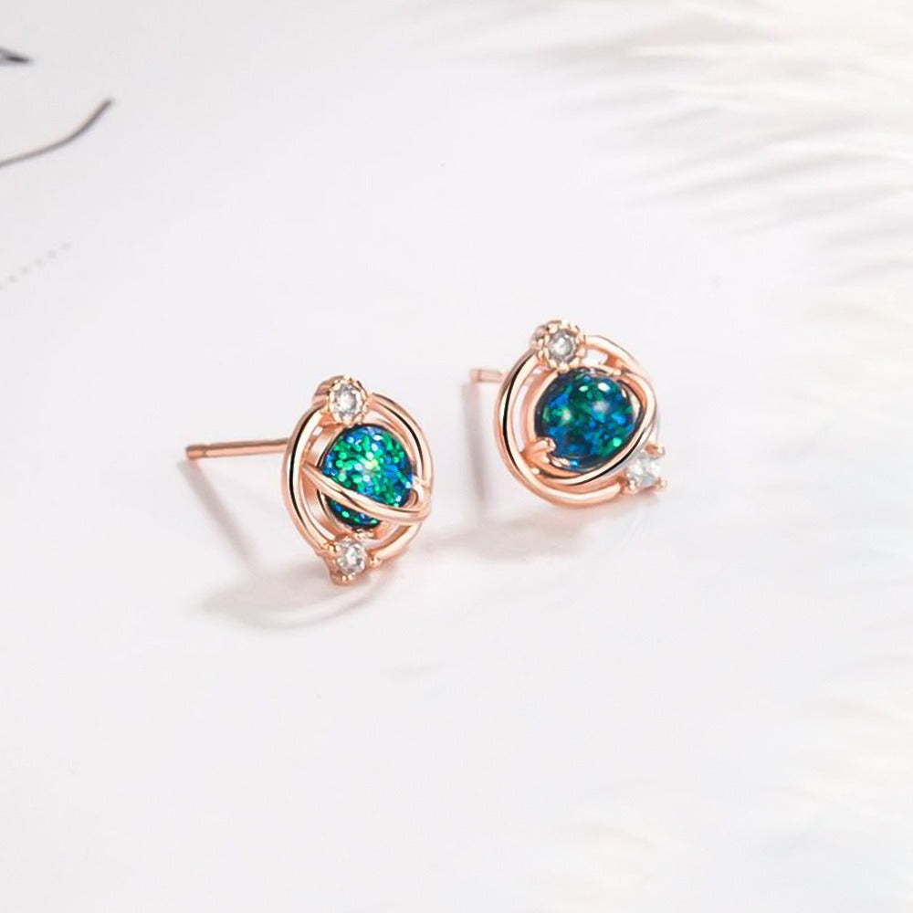 New sterling silver planet earrings European and American light luxury temperament female niche blue earrings