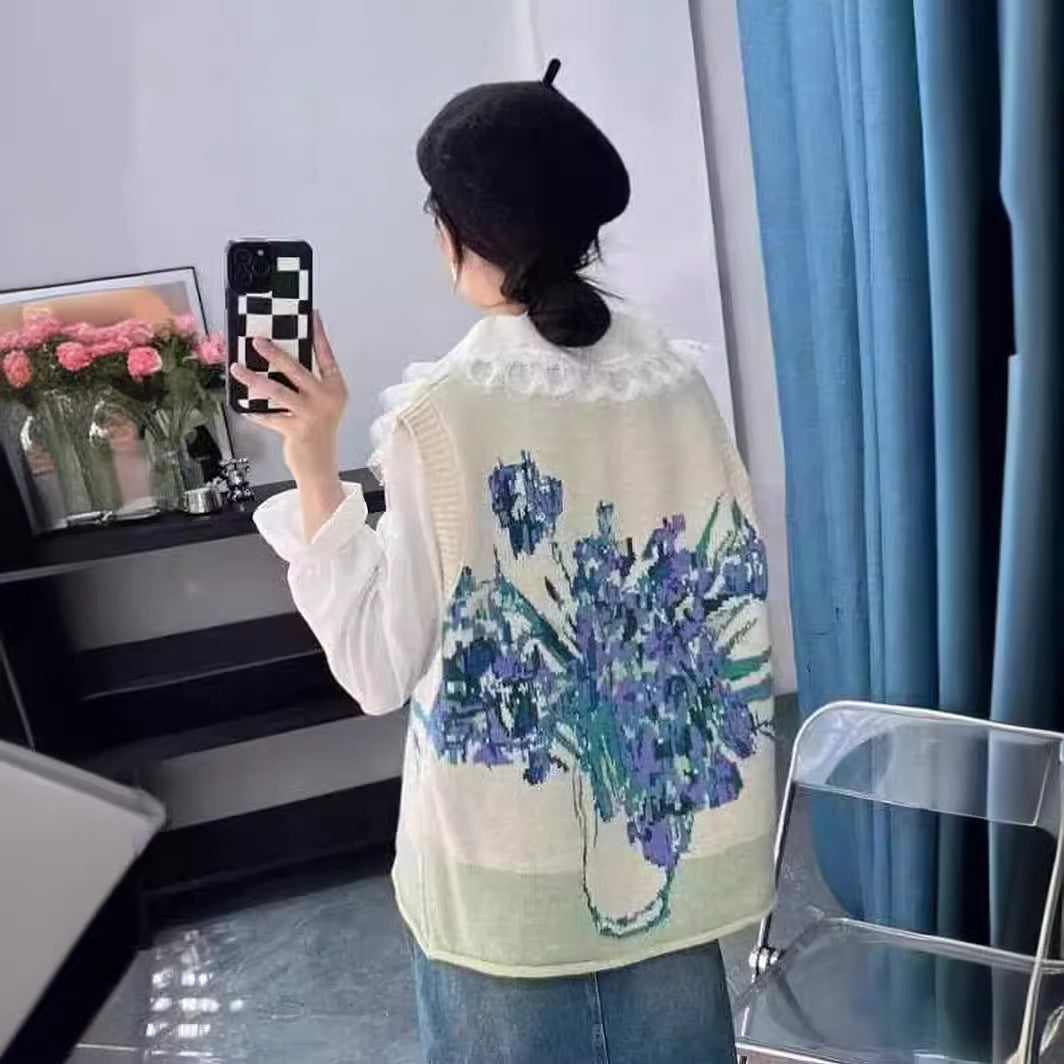 Van Gogh oil painting knitted vest women's autumn and winter new style loose abstract painting style sleeveless sweater vest for outerwear