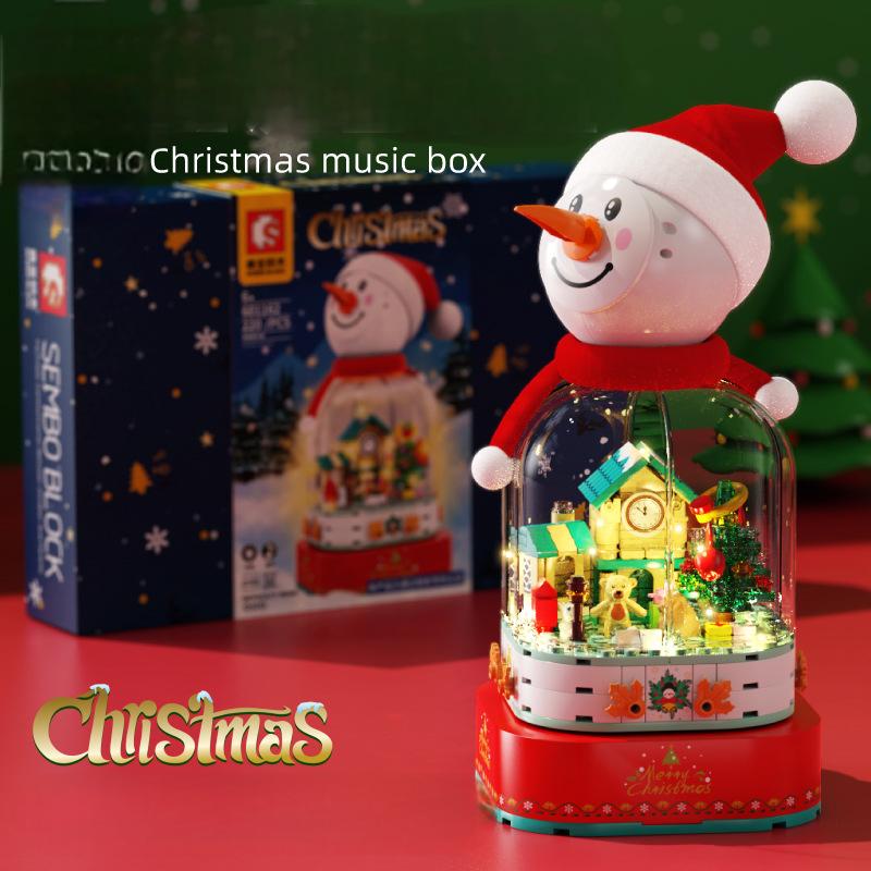 christmas-gift-snowman-rotating-music-box-diy-music-light-house-assembly-building-blocks-toy-gift
