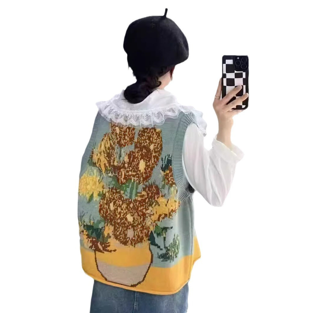 Van Gogh oil painting knitted vest women's autumn and winter new style loose abstract painting style sleeveless sweater vest for outerwear