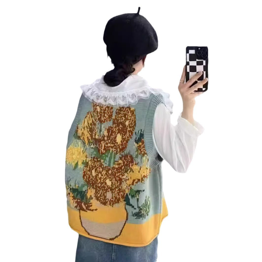 Van Gogh oil painting knitted vest women's autumn and winter new style loose abstract painting style sleeveless sweater vest for outerwear