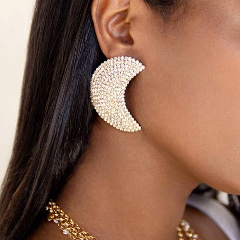Rhinestone earrings, fashionable and personalized exaggerated moon earrings, temperament accessories