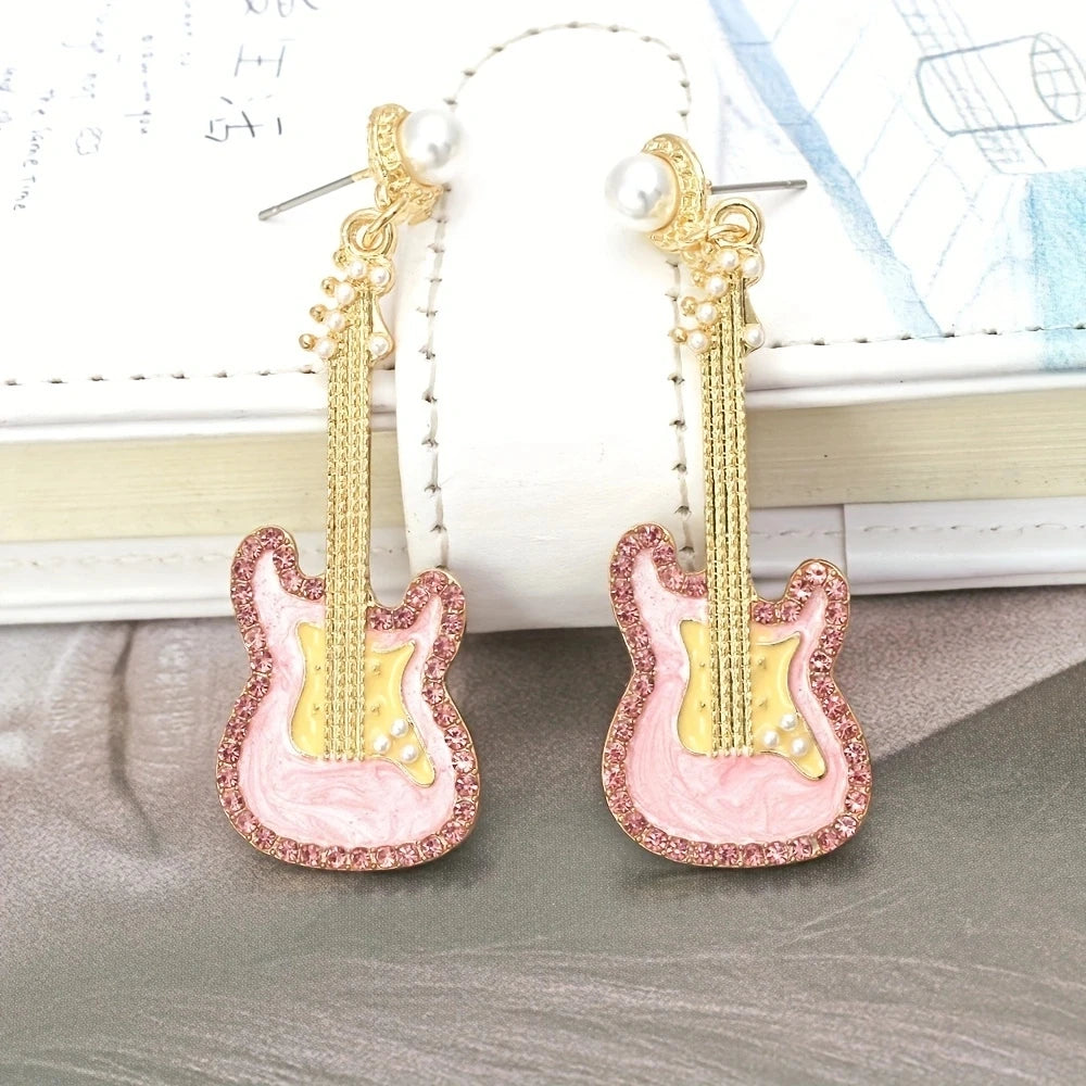 alloy-drip-oil-set-diamond-guitar-earrings-colored-glazed-pearl-earrings