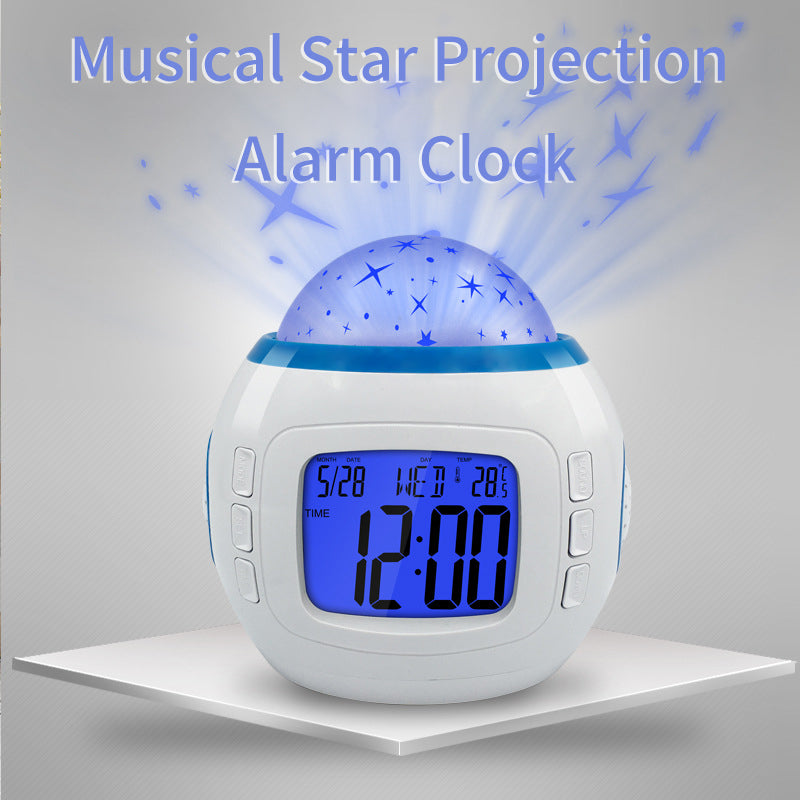 Starry Sky Projection Alarm Clock – Colourful LED Night Light with Music