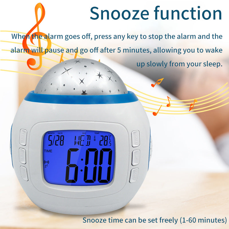 Starry Sky Projection Alarm Clock – Colourful LED Night Light with Music