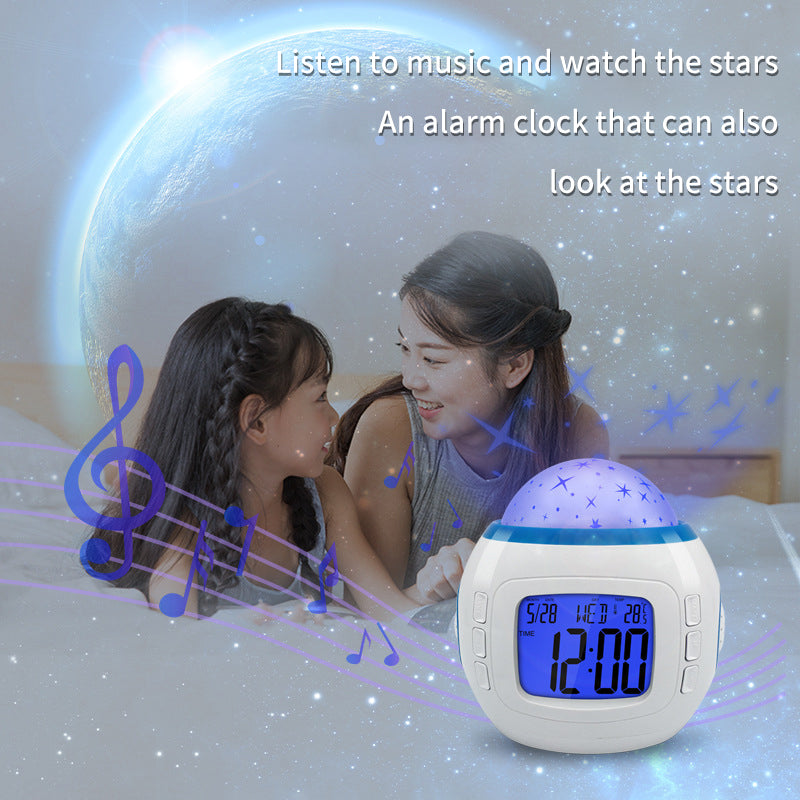 Starry Sky Projection Alarm Clock – Colourful LED Night Light with Music
