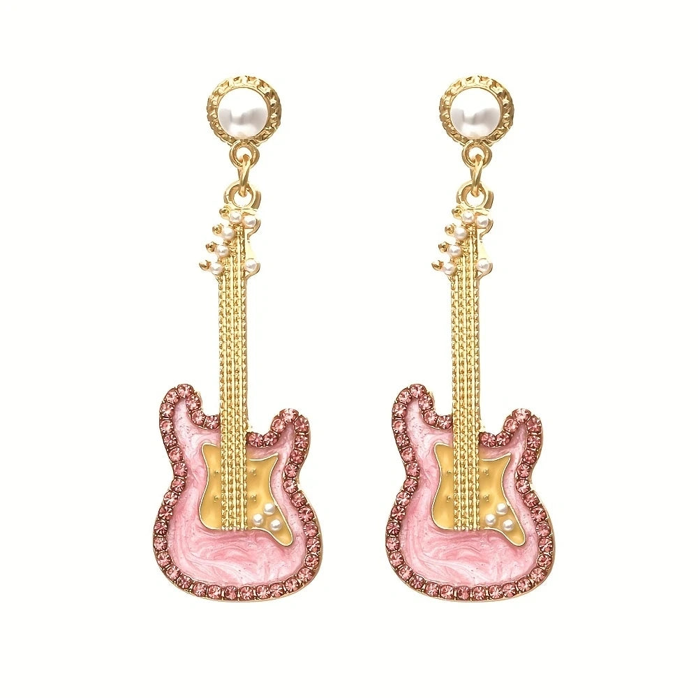 alloy-drip-oil-set-diamond-guitar-earrings-colored-glazed-pearl-earrings