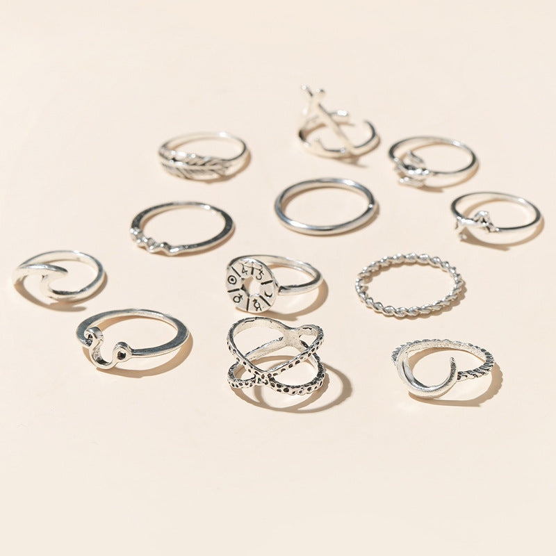 Vintage Moon Feather Ring Set Geometric Irregular Twelve Piece Rings