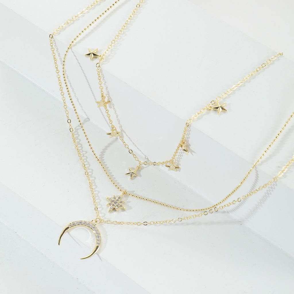 Starry Sky Layered Chain Necklace — Star & Moon