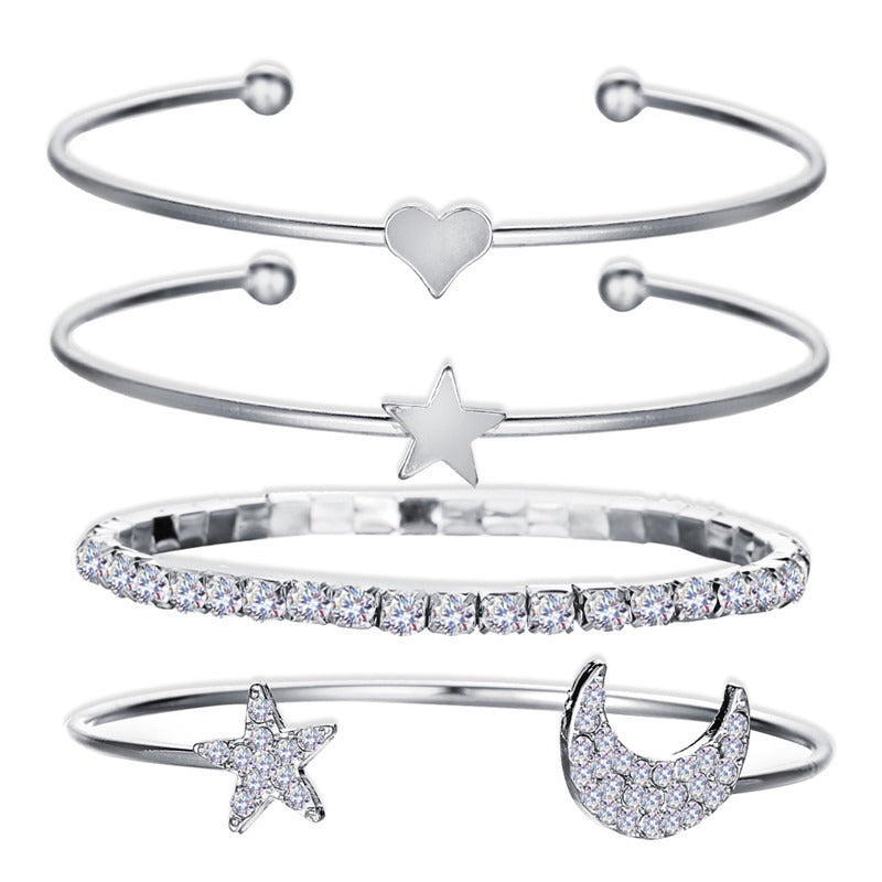 Star & Moon Bracelet Set — Diamond-Effect Alloy