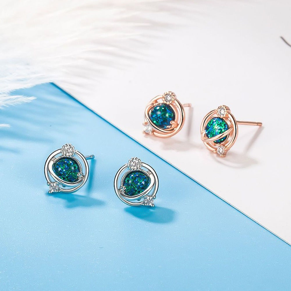 New sterling silver planet earrings European and American light luxury temperament female niche blue earrings