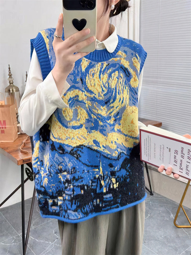 Van Gogh oil painting knitted vest women's autumn and winter new style loose abstract painting style sleeveless sweater vest for outerwear