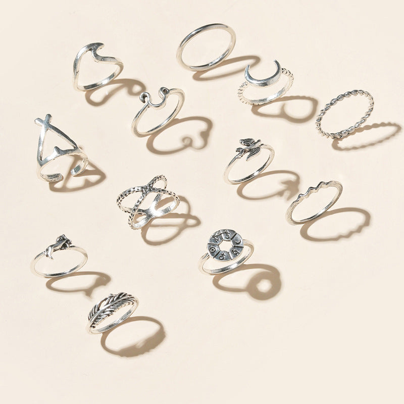Vintage Moon Feather Ring Set Geometric Irregular Twelve Piece Rings
