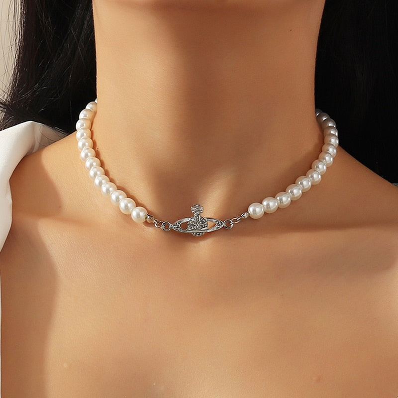 Blijery Elegant Imitation Pearl Planet Choker Necklace for Women Collier Wedding Party Collar Fashion Jewelry Gift